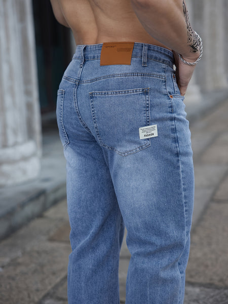 2025 Spring/Summer New Men's Light  Washed Faded Embroidered Slim-Fit Versatile Trendy Stretch Jeans
