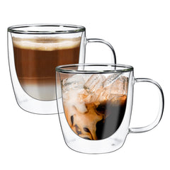 Vinsani Double Walled Coffee Drink Glasses Tea Cup Mug Heat Cold Resistant Aesthetic Clear Borosilicate Glass with Handle Cappuccino Latte Tea Dessert Hot and Cold Drinks
