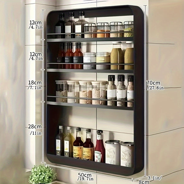 1PC No-Drilling Wall-Mounted Spice Rack – Adjustable Multi-Layer Metal Shelf for Kitchen/Bathroom – Space-Saving Storage Organizer for Toiletries, Spices, Books (Black/White)