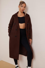 Women's Classy Solid Color Double Breasted Detachable Belted Pocket Pea Coat, Lapel Neck Long Sleeve Outerwear for Fall & Winter