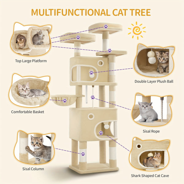 HZUANERI 180cm Multi-Level Cat Tree with 8 Scratching Posts, 3 Platforms, 2 Dens, Basket & Plush Balls - Durable Sisal Rope for Indoor Cats of All Sizes, Space-Saving Design for Climbing, Resting & Play, Cat Climbing Tower, Pet Activity Center, Modern Pet