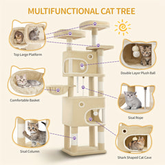 HZUANERI 180cm Multi-Level Cat Tree with 8 Scratching Posts, 3 Platforms, 2 Dens, Basket & Plush Balls - Durable Sisal Rope for Indoor Cats of All Sizes, Space-Saving Design for Climbing, Resting & Play, Cat Climbing Tower, Pet Activity Center, Modern Pet