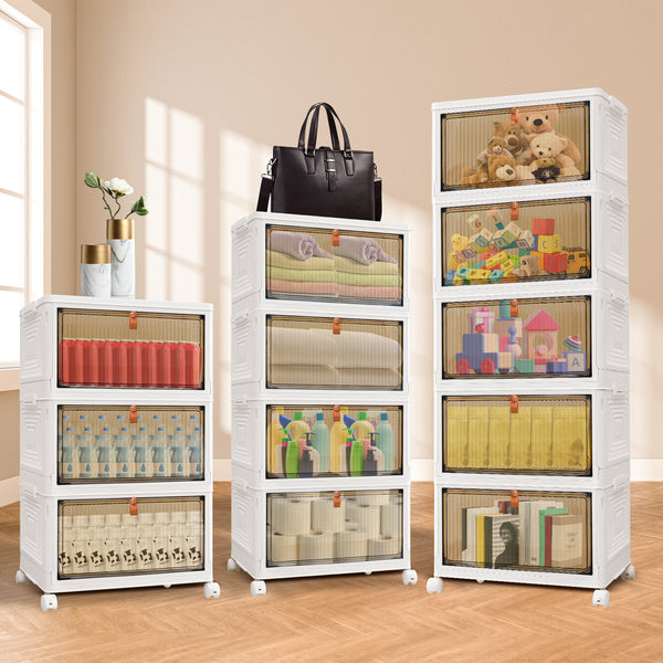 Storage Boxes with Lid - 3/4/5 Tier Plastic Storage Box with Lid, Stackable Storage Boxes with Wheels, Storage Drawers with Front Door, Plastic Box for Home and Office, White