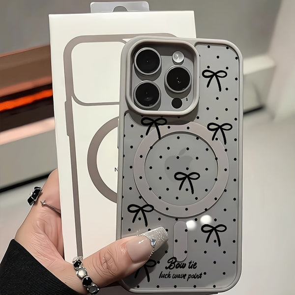 Polka Dot Bow Phone Case, Support Wireless Charging Anti-Drop Light Beige-Feeling Magnetic Case, Suitable for Iphone17Promax/17Air/16/15/14Plus/13/12/11 for samsung for galaxy A56/A55/A54/A36/A35/A26/A25/A16/A15/A06/S25Ultra/S24Fe/S23Plus/S22.