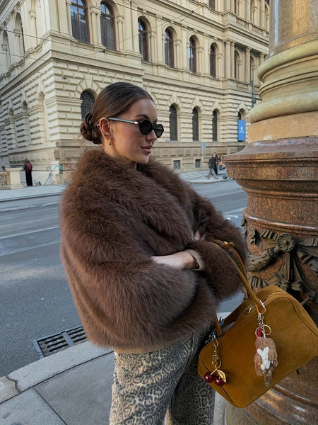 PEACHYZL Women'S Elegant Faux Fur Coat - Thickened Winter Jacket with Plush Lining, Loose Fit Long Sleeve Coat for Fall/Winter, BrownRed/