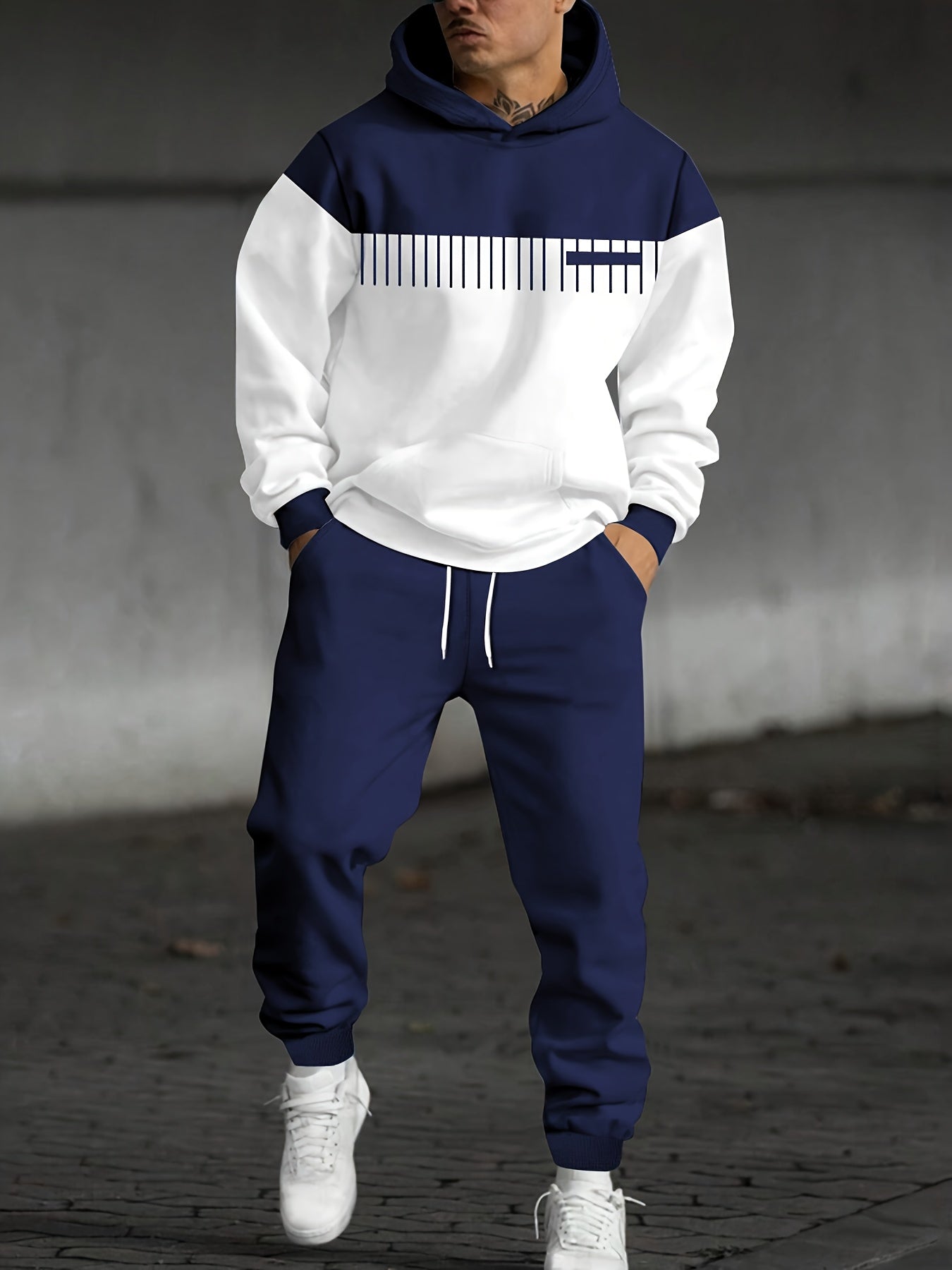 Men'S Fall Winter Striped Print Patchwork Contrast Hoodie And Joggers