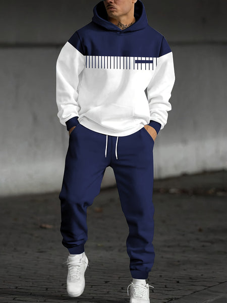 Men'S Fall Winter Striped Print Patchwork Contrast Hoodie And Joggers
