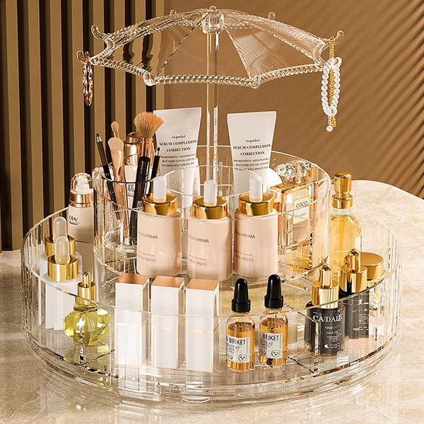 Hanging Jewellery Storage with Umbrella Shaped Jewellery Rack, Desktop Cosmetics Holder, Layered Storage Space, Rotatable Cosmetics Stand 360° Rotatable Makeup Organizer for Jewellery Makeup Storage,Desktop Decoration