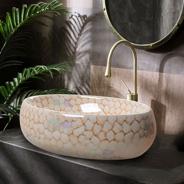 1pc Marble Texture Bathroom Sink, Oval Cloakroom Ceramic Washbasin Countertop Basin Handmade Sink Washing Bowl for Living Room, Bedroom, Laundry, Office, Washroom, Toilet, Vanity Cabinet, Easy To Clean, 48x34x14.5cm