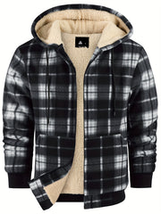 Men's Heavyweight -Lined Hooded Jacket - Full-Zip Plaid Thickened Shirt with Pockets and Adjustable Drawstring, Comfortable and Warm for Autumn and Winter