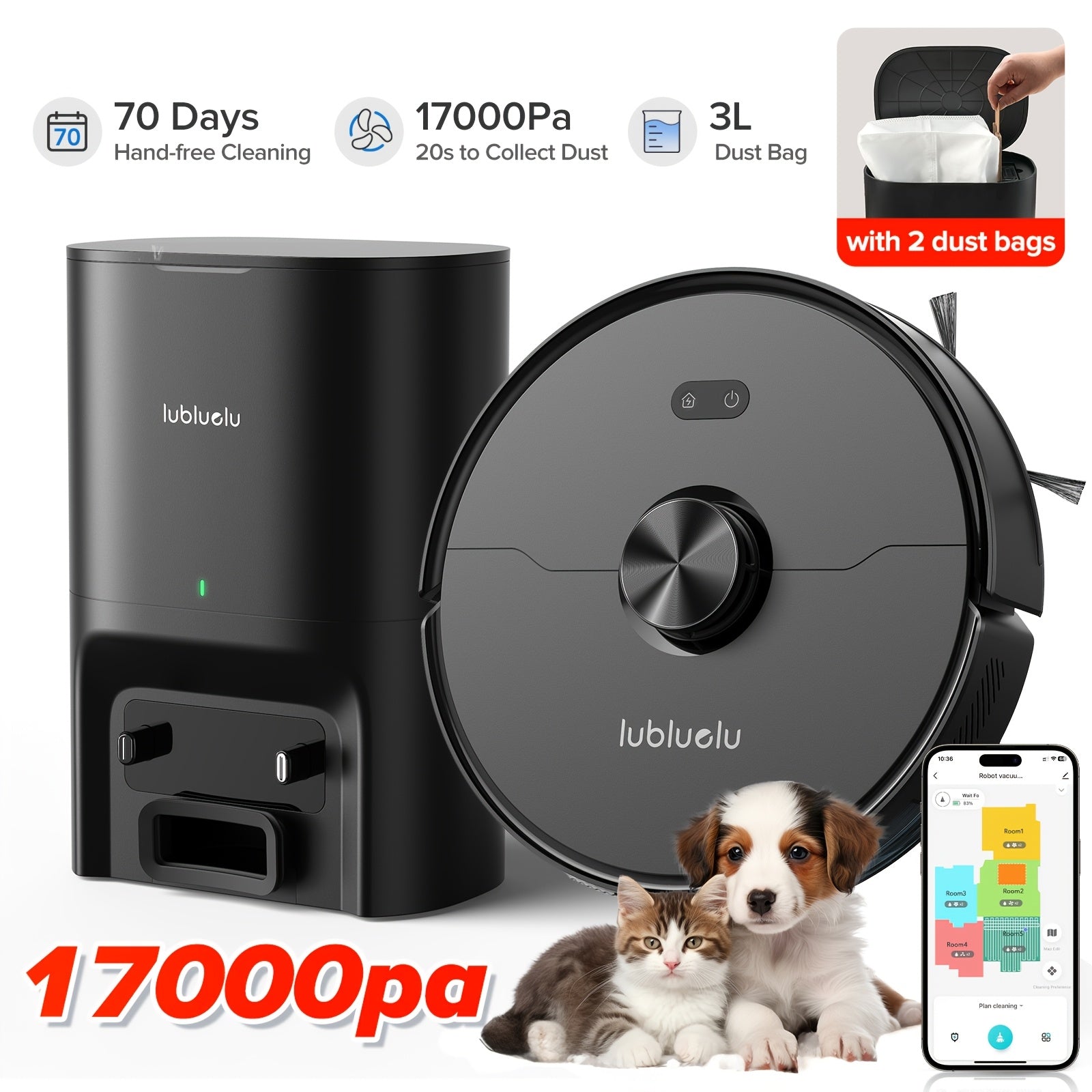 3-in-1 Robot Vacuum and Mop | 6000Pa Strong Suction, 3.0L Dust Bag, 70-Day Self-Emptying, 360° PSD Obstacle Avoidance, Multi-Floor Mapping, WiFi/Alexa/APP Control, L15MAX, Lubluelu Brand