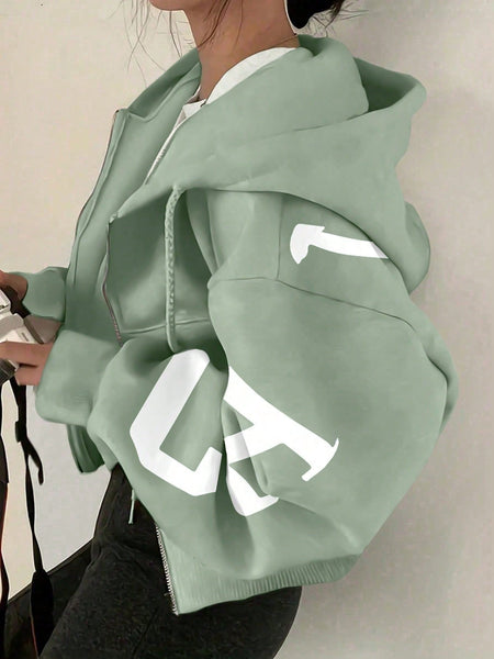 Hooded Loose Casual Zip-Up Letter Print Sweatshirt Graduation, Back to Outfits, Graduation, Teacher Outfits for Women, Back to Pullover Fall Outfit Winter Autumn