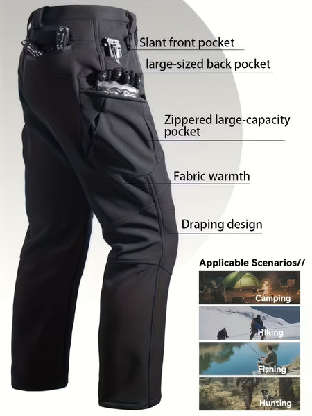 Men's -Lined Tactical Cargo Pants for Winter, New Multi-Functional Pockets, Softshell Stretch Warm Fabric, Windproof, Durable, Tear-Resistant, Suitable for Middle-Aged and Elderly, Outdoor Hiking, Travel, Snowy Weather, No Belt