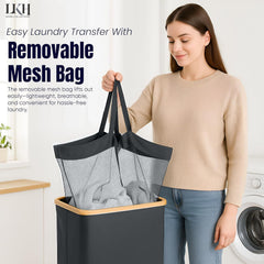 LKH Laundry Basket with Lid 100 litre | 600D Polyester Clothes Hamper for Laundry with Bamboo handles, Laundry Guide & Inner Mesh Bag | 44x33x70cm Laundry Basket Organizer for Dorm Laundry Room