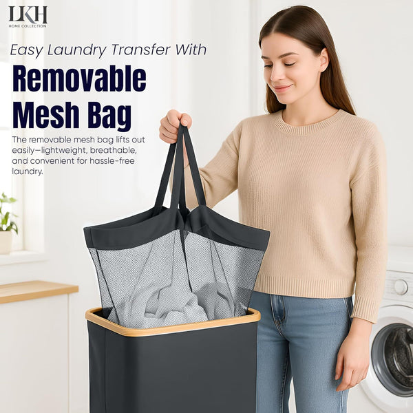 LKH Laundry Basket with Lid 100 litre | 600D Polyester Clothes Hamper for Laundry with Bamboo handles, Laundry Guide & Inner Mesh Bag | 44x33x70cm Laundry Basket Organizer for Dorm Laundry Room