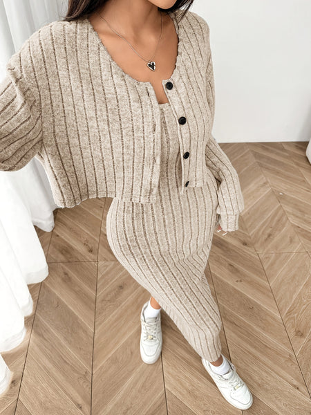 Autumn Cardigan Long Sleeve Short Top + Dress Set