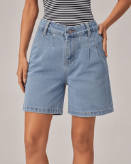 Women'S High Waisted Denim Bermuda Shorts, Light Blue Washed Knee Length Jean Shorts, Relaxed Loose Fit Summer Denim Shorts, Casual Cuffed Hem Ladies Shorts