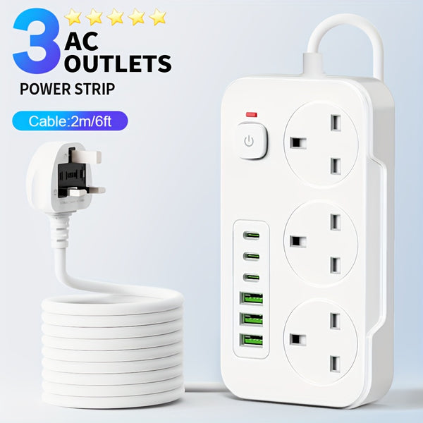 9-in-1 Power Socket Surge Protector, Power Socket/power Board/power Strip, 3250W, 13A, 2M Extension Cord, Portable Power Socket, Overload Protection, 3 AC Power Sockets, 6 USB Ports, Suitable For Home, Kitchen, Office Or Hotel Use
