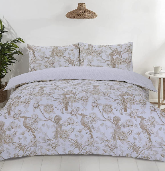 Night Comfort Eco Breathable Duvet Cover with Pillowcases | 100% Polycotton Percale Exclusive Chinoiserie Birds - Gold Design | Machine Washable and Non-Allergenic Bedding Set
