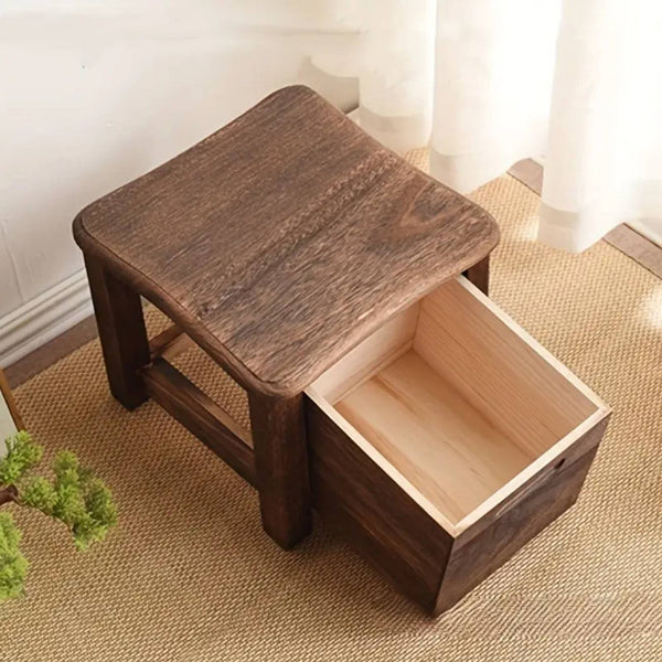 Classic Dark Brown Wooden Shoe Changing Stool with Storage Storage Stool with Drawer- Traditional Style Armless Non- Upholstered Shoe Bench, Smooth Surface& Hollow Handle Design, Durable Natural Wood for Entryway, Living Room, Bedroom
