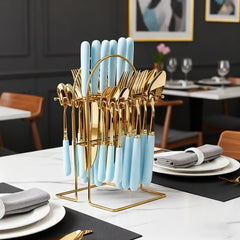 24pcs Stainless Steel Tableware Set with Ceramic Handles, Fork Spoon Set with Utensil Holder, for Home Use/Restaurant, Serves for 6 People