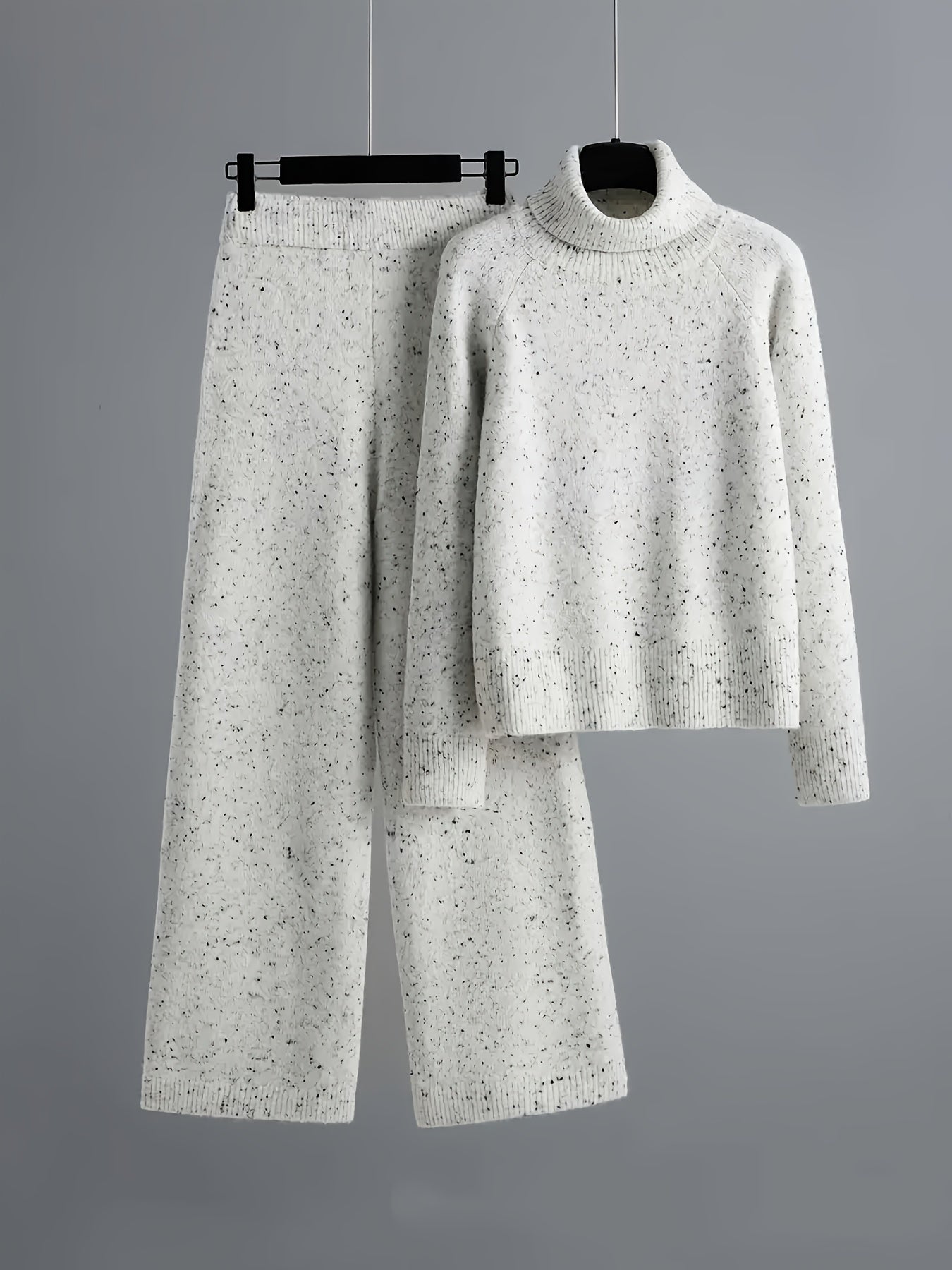 Elegant Women'S Outfit - a Turtleneck Long-Sleeve Sweater Paired with Matching Pants, Made from a Comfortable, Featuring White with Black Polka Dots, Suitable for Autumn And Winter, Versatile from Casual to Formal, Cozy Attire, Stylish Knitwear
