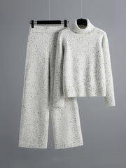 Elegant Women'S Outfit - a Turtleneck Long-Sleeve Sweater Paired with Matching Pants, Made from a Comfortable, Featuring White with Black Polka Dots, Suitable for Autumn And Winter, Versatile from Casual to Formal, Cozy Attire, Stylish Knitwear