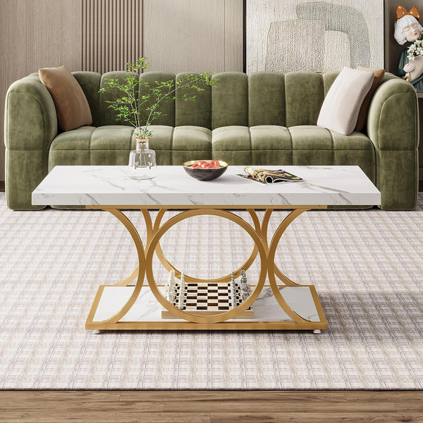Rectangle Coffee Table, 47.24-inch Modern Coffee Tables for Living Room, 2-Tier Faux Marble Wood Coffee Table with Geometric Legs, Furniture with Storage Shelf (White & Gold)