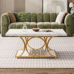 47 Inches Modern Coffee Tables for Living Room, 2-Tier Faux Marble Wood Coffee Table with Storage, Large Center Table with Gold Metal Legs