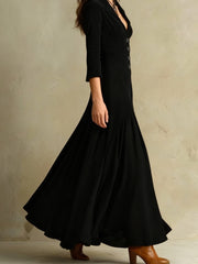 Chic Long Dress with a Lapel Collar, Featuring Three-Quarter Sleeves And a Vintage Full Skirt. Perfect for Autumn And Winter Office Wear, Retro Gatherings, Casual Outings, And Light Social Events