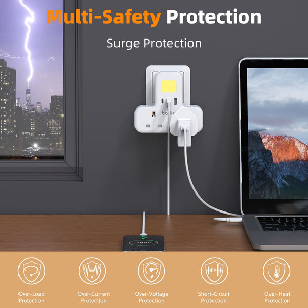 UK Plug Wall Extension Socket with 2 USB & 1 Type-C Ports, Adjustable Night Light Design for Bedroom/Kitchen, 2 AC Outlets Plug Adapter, 3250W Power Rating