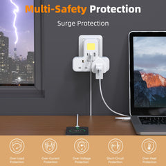 UK Plug Wall Extension Socket with 2 USB & 1 Type-C Ports, Adjustable Night Light Design for Bedroom/Kitchen, 2 AC Outlets Plug Adapter, 3250W Power Rating