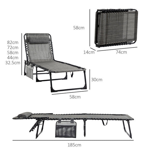 Portable Sun Lounger, Folding Camping Bed with Side Pocket and Pillow for Patio