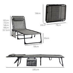 Portable Sun Lounger, Folding Camping Bed with Side Pocket and Pillow for Patio