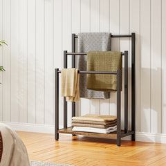 Blanket Rack, Wardrobe Quilt Rack, Freestanding Towel Holder for Bathroom, Drying Stand with 3 Towel Rails And Storage Shelf, Metal, for Bath And Hand Towels, Rustic Brown And Black