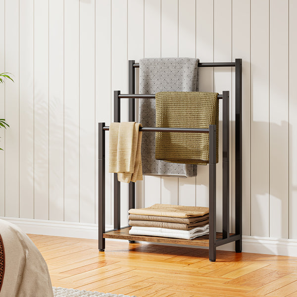 Blanket Rack, Wardrobe Quilt Rack, Freestanding Towel Holder for Bathroom, Drying Stand with 3 Towel Rails And Storage Shelf, Metal, for Bath And Hand Towels, Rustic Brown And Black