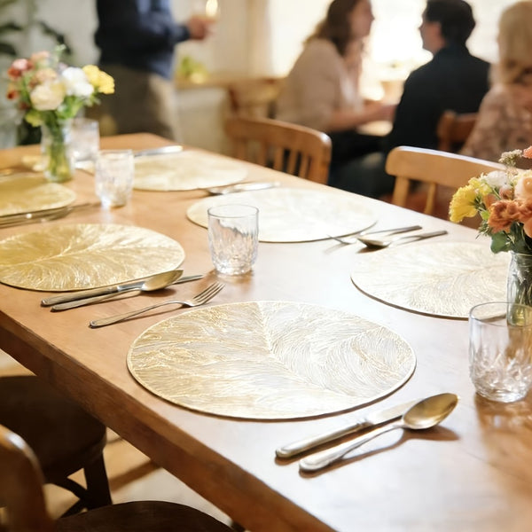 6-Pack Premium Round PVC Placemats, Elegant Gold Leaf Design, Table Protector & Easy-Clean Minimalist Mats