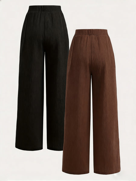 2pcs Women's Wide-Leg Pants with Elastic High Waist Loose Fit Straight Leg + Step