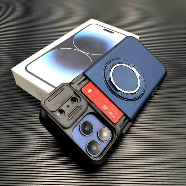 Phone Case - Luxury Armored Phone Case for Iphone 17 Pro Max Sliding Lens Cover Protection 360 Degree Rotating Bracket Card Holder Design Adsorption Car Mount Shockproof Anti Shock Protection Cover