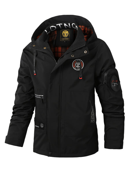 Multiple Pocket Design Men's Embroidery Long Sleeve Zip Up Drawstring Hooded Jacket, Men's Stand Collar Thin Jacket for Spring Outdoor