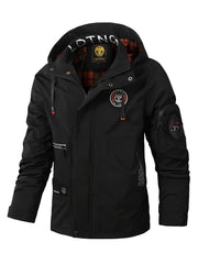Multiple Pocket Design Men's Embroidery Long Sleeve Zip Up Drawstring Hooded Jacket, Men's Stand Collar Thin Jacket for Spring Outdoor