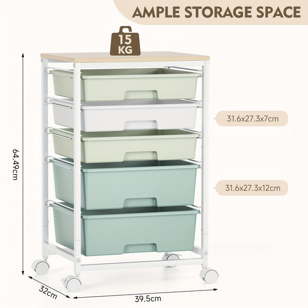 KINGRACK 5-Drawer Rolling Storage Cabinet with Lockable Casters & /Grey Drawers - Heavy-Duty Iron Frame, Space-Saving Mobile Organizer Cart, Compact 27-Inch Height, 3.2 Cu Ft Capacity, Stackable Design for Bedroom, Living Room, Home Office - Easy As