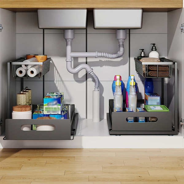 Pull-Out Organizer Rack, Multi-Functional Double-Layer Sundries Storage Rack, Large Capacity Sliding Storage Rack, Suitable for Kitchen And Bathroom, Home Organize And Storage, Home Additions