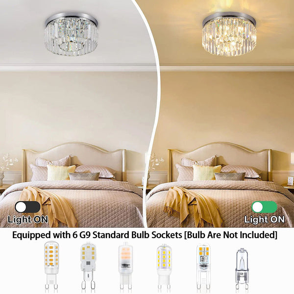 Modern Crystal Ceiling Lamp, Hanging Chandelier with Chrome Plated Iron Chassis, 4×G9 Bulbs, 30×30×14cm for Living Room, Bedroom, Dining Room & Corridor.