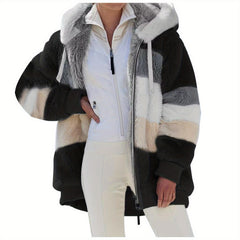 Women's 2025 Autumn Winter Warm Patchwork Hooded Coat - Zip Pockets Loose Fit Oversized Casual Outerwear