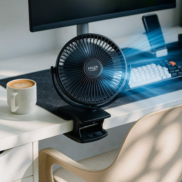 Desk fan with clip, rechargeable, 15.5 cm, 360° rotation, USB-C, Adler