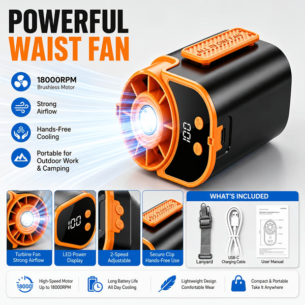 Neck-hanging Portable Waist Fan, Featuring An 18000RPM Powerful Brushless Motor, 5 Adjustable Wind Speedsand A 5000mAh High-capacity Long-lasting Battery. Equipped with An LED Power Indicator, It Is Suitable for Outdoor Work, Camping