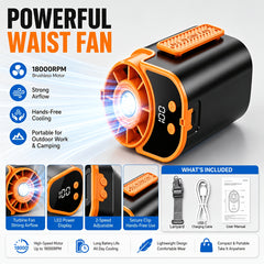 Neck-hanging Portable Waist Fan, Featuring An 18000RPM Powerful Brushless Motor, 5 Adjustable Wind Speedsand A 5000mAh High-capacity Long-lasting Battery. Equipped with An LED Power Indicator, It Is Suitable for Outdoor Work, Camping