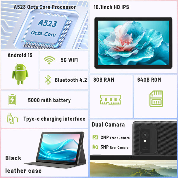 Tablet Computer, 10.1 Inches, Equipped with The Latest Android 15 System, Maximum Expandable 1TB Storage, 8GB RAM (4GB+4GB Expandable), 64GB ROM, Equipped with Keyboard, Mouse, Stylus and Protective Case, Stylus Color Random, 5000mAh Battery