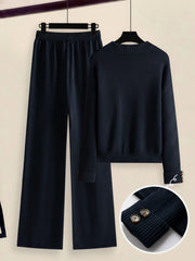 Women's 2pcs Set with Side Stripe| Crewneck Sweater & Relaxed Fit Straight Leg Pants| Soft Loungewear for Spring Autumn | European Casual Y Style